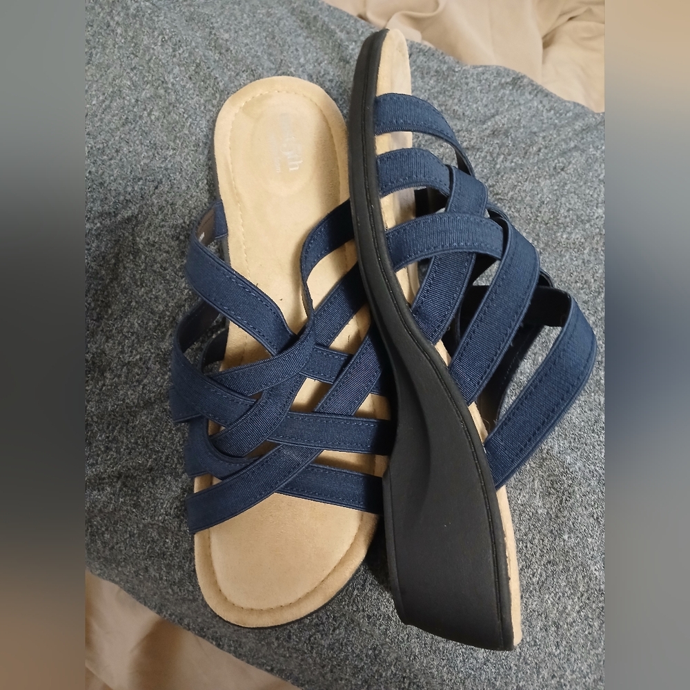 East 5th Blue and Black Sandals with Strappy Design